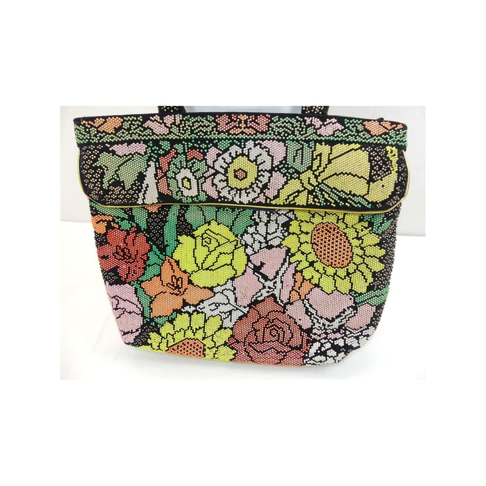 Vintage 90s Y2K Retro Beaded Floral Shoulder Bag - Tote with Rare Zip Top